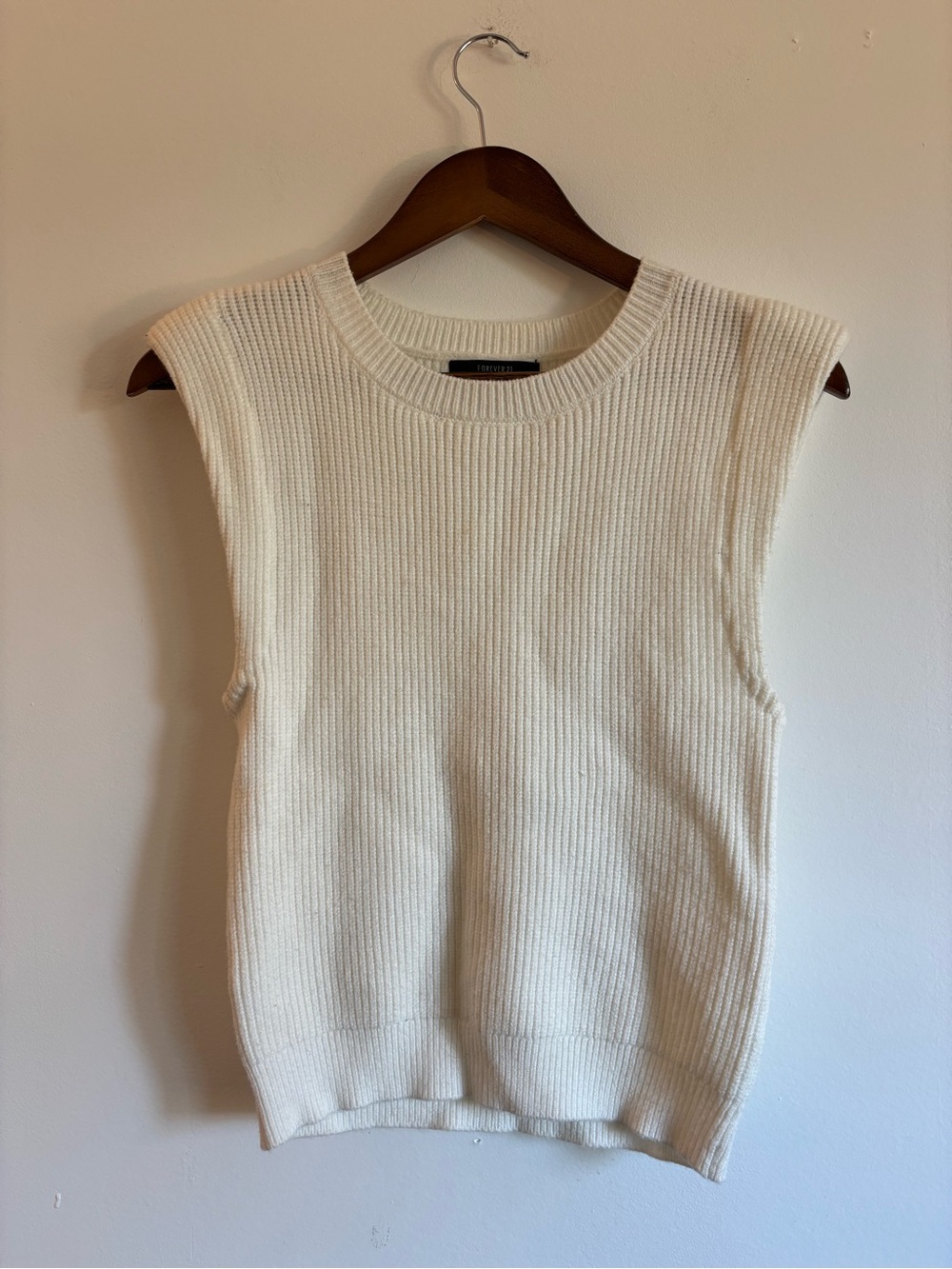 Forever 21 Cream Ribbed Sleeveless Crewneck Sweater Vest